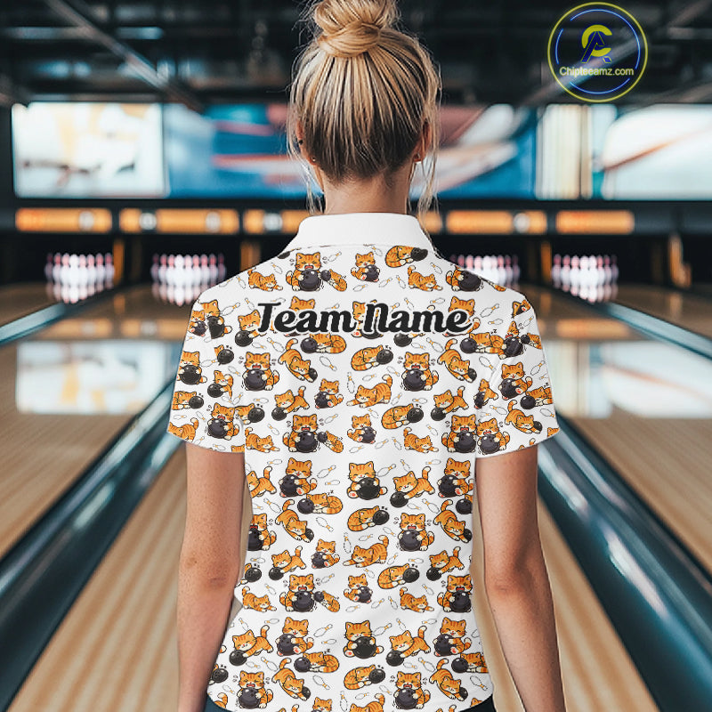Custom Cute Ginger Tabby Cat Bowling Women Polo Shirts, Cat Bowling Team Shirt IPHW10303