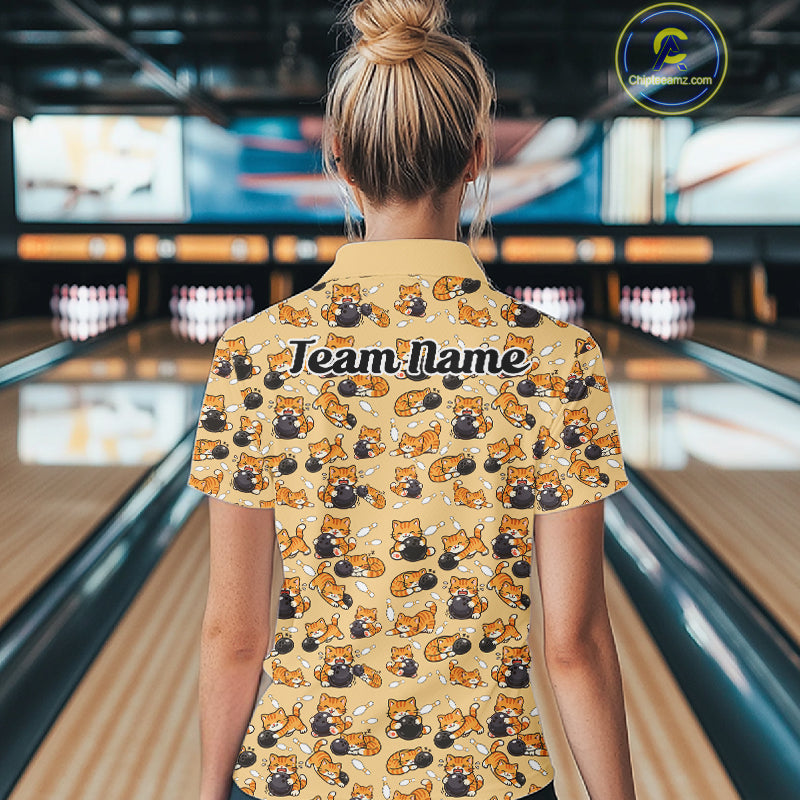 Custom Cute Ginger Tabby Cat Bowling Women Polo Shirts, Cat Bowling Team Shirt IPHW10306