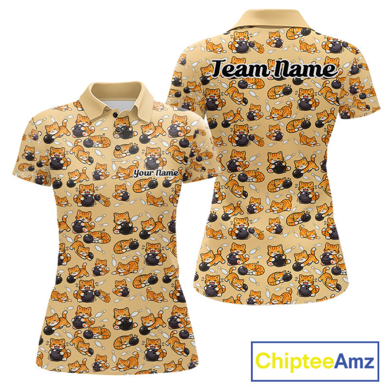 Custom Cute Ginger Tabby Cat Bowling Women Polo Shirts, Cat Bowling Team Shirt IPHW10306