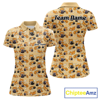 Custom Cute Ginger Tabby Cat Bowling Women Polo Shirts, Cat Bowling Team Shirt IPHW10306