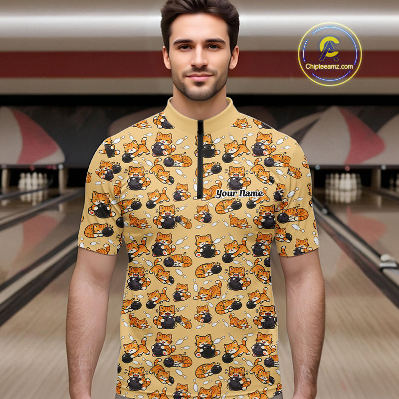 Custom Cute Ginger Tabby Cat Bowling Men Quarter-Zip Shirts, Cat Bowling Team Shirt IPHW10306