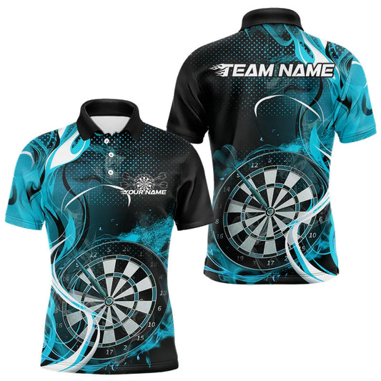 Custom Black And Blue Flame Dart Team Polo Shirts For Men, Dart Tournament Shirts IPHW8503