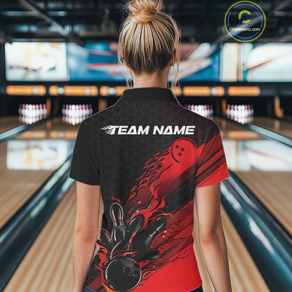 Custom Black And Red Flame Bowling Team Shirts, Bowling League Shirt Women Bowling Jersey IPHW10574