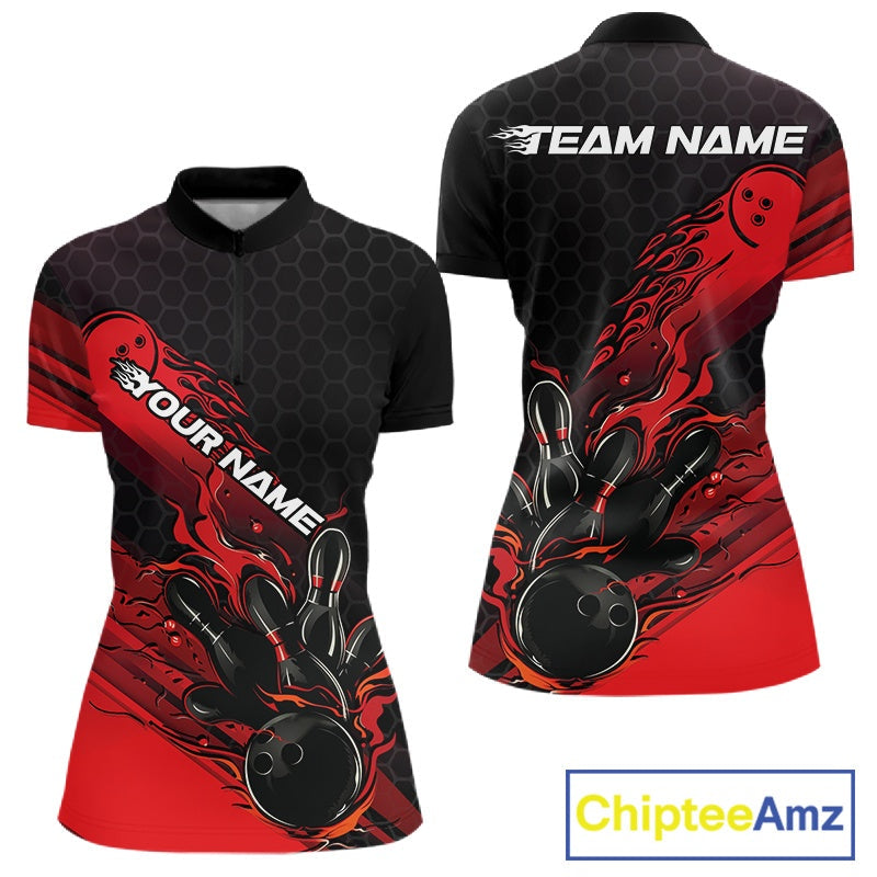 Custom Black And Red Flame Bowling Team Shirt, Bowling League Shirt Women Bowling Jersey IPHW10574