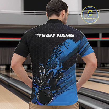Custom Black And Blue Flame Bowling Team Shirts, Bowling League Shirt Men Bowling Jersey IPHW10575