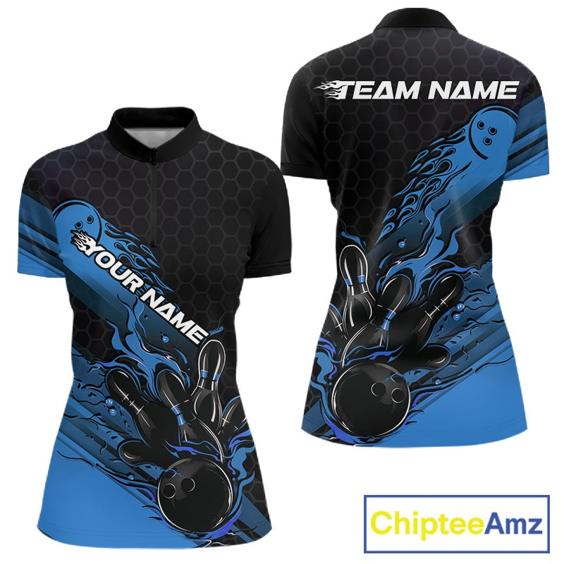 Custom Black And Blue Flame Bowling Team Shirts, Bowling League Shirt Women Jersey IPHW10575
