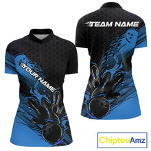 Load image into Gallery viewer, Custom Black And Blue Flame Bowling Team Shirts, Bowling League Shirt Women Jersey IPHW10575