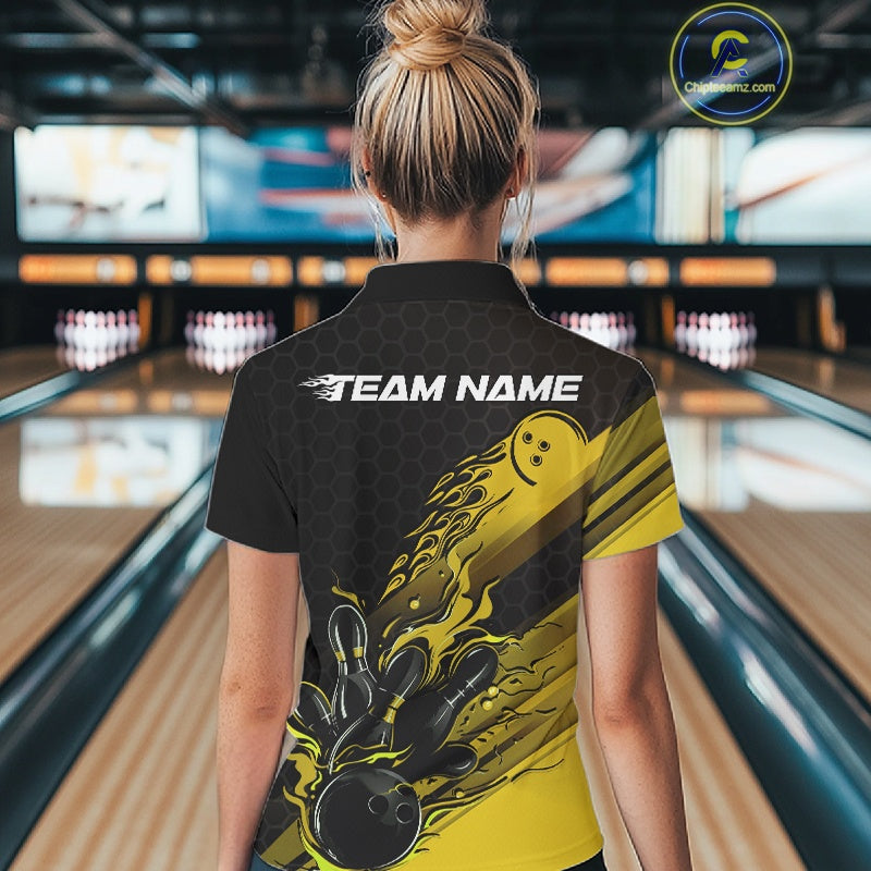 Custom Black And Yellow Flame Bowling Team Shirts, Bowling League Shirt Women Bowling Jersey IPHW10577