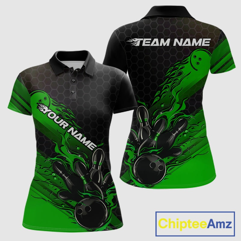 Custom Black And Green Flame Bowling Team Shirts, Bowling League Shirt Women Bowling Jersey IPHW10578