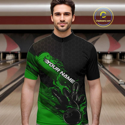 Custom Black And Green Flame Bowling Team Shirts, Bowling League Shirt Men Bowling Jersey IPHW10578