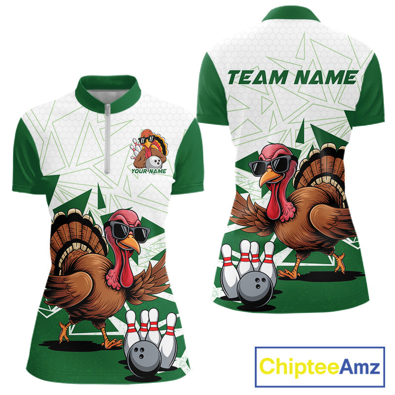 White And Green Custom Funny Turkey Bowling Women Shirt, Bowling League Team Shirt IPHW10808