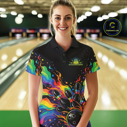 Custom Colorful Rainbow Colors Flame Bowling Women Polo Shirt, Bowling Tournament Shirt IPHW10307