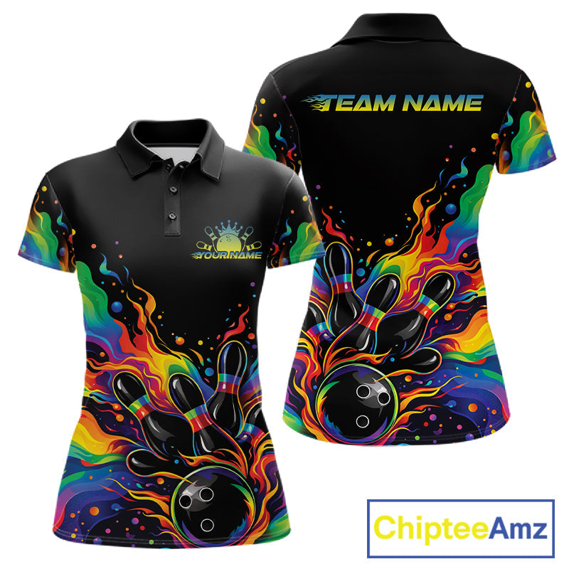 Custom Colorful Rainbow Colors Flame Bowling Women Polo Shirt, Bowling Tournament Shirt IPHW10307