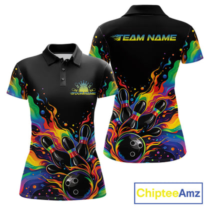Custom Colorful Rainbow Colors Flame Bowling Women Polo Shirt, Bowling Tournament Shirt IPHW10307