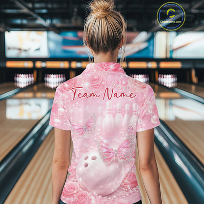 Custom Elegant Roses And Butterfly Women Bowling Quarter-Zip Shirt, Ladies Bowling Shirt IPHW10312