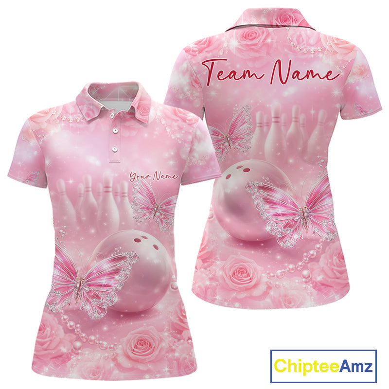 Custom Elegant Roses And Butterfly Women Bowling Polo Shirts, Ladies Bowling Shirt IPHW10313