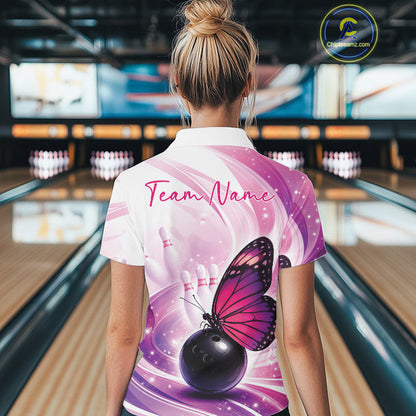 Custom Pink And Purple Butterfly Bowling Team Women Polo Shirt, Ladies Bowling Shirt IPHW10311