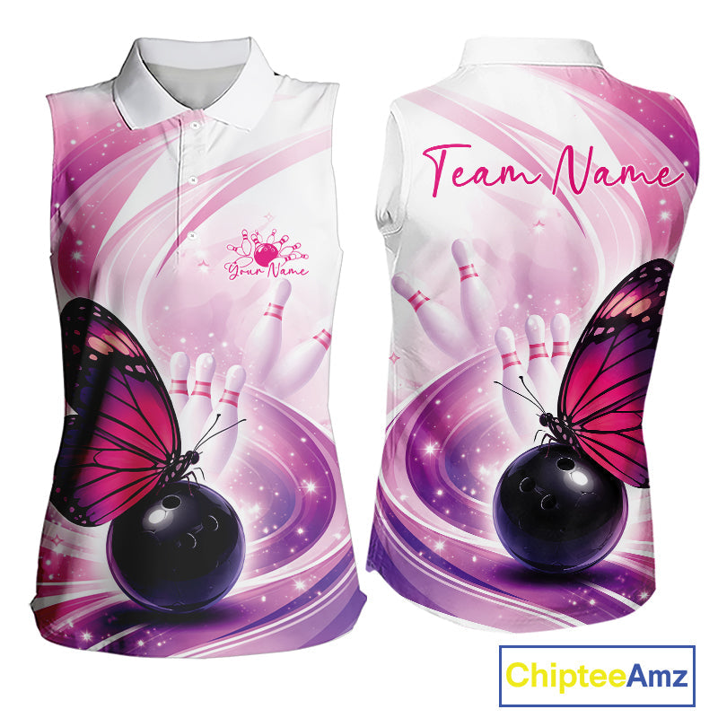 Custom Pink And Purple Butterfly Bowling Team Women Sleeveless Polo Shirt, Ladies Bowling Shirt IPHW10311