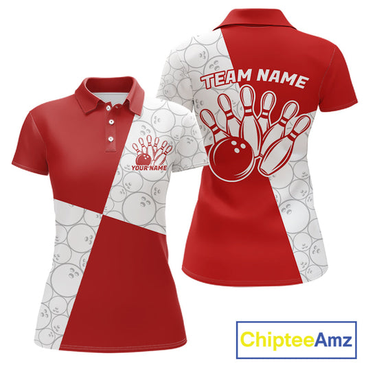 Custom White And Red Retro Style Bowling Team Shirts For Women, Bowling Jerseys IPHW10602