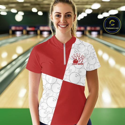 Custom White And Red Retro Style Bowling Team Shirts For Women, Bowling Jerseys IPHW10602