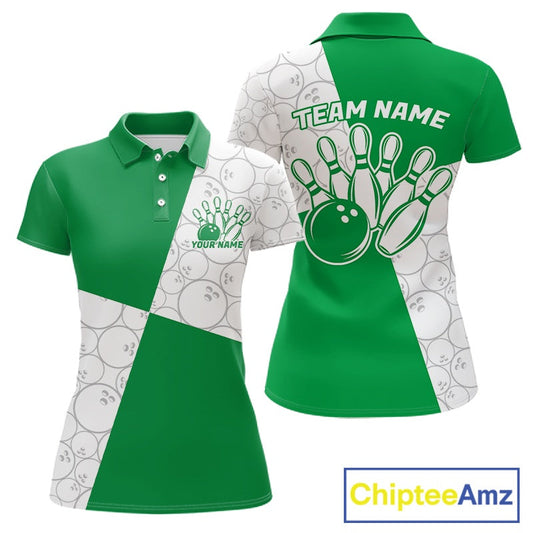 Custom White And Green Retro Style Bowling Team Shirts For Women, Bowling Jerseys IPHW10604
