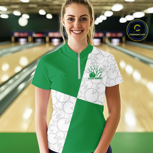 Custom White And Green Retro Style Bowling Team Shirts For Women, Bowling Jerseys IPHW10604