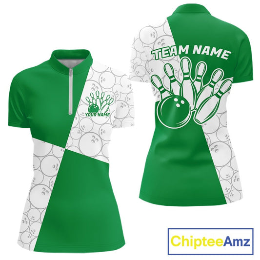 Custom White And Green Retro Style Bowling Team Shirts For Women, Bowling Jerseys IPHW10604