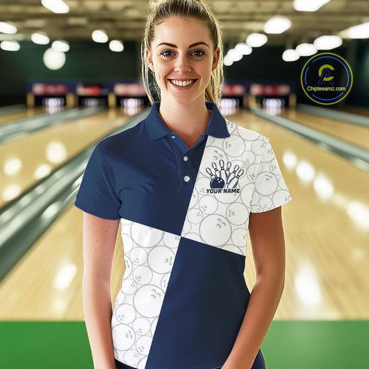 Custom White And Blue Retro Style Bowling Team Shirts For Women, Bowling Jerseys IPHW10605