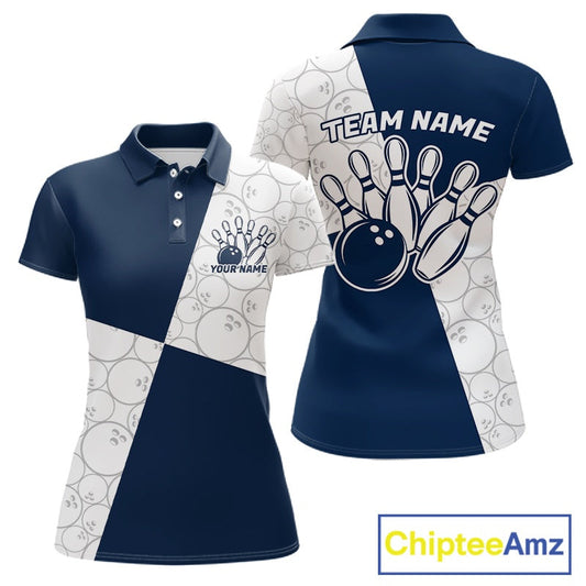 Custom White And Blue Retro Style Bowling Team Shirts For Women, Bowling Jerseys IPHW10605