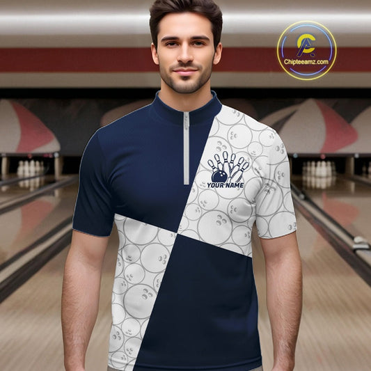 Custom White And Blue Retro Style Bowling Team Shirts For Men And Women, Bowling Jerseys IPHW10605