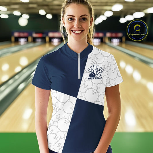 Custom White And Blue Retro Style Bowling Team Shirts For Women, Bowling Jerseys IPHW10605