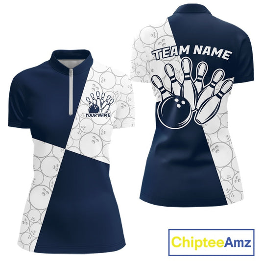 Custom White And Blue Retro Style Bowling Team Shirts For Women, Bowling Jerseys IPHW10605