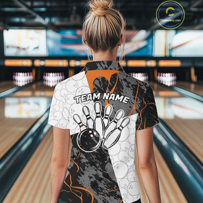 Custom Blue And Orange Camo Bowling Team Shirt For Women, Camouflage Bowler Outfit IPHW10609