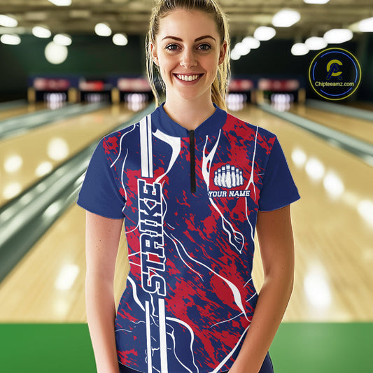 Custom Red,White And Blue Camo Strike Bowling Shirt, Patriotic Women Bowling Team Jersey IPHW10610