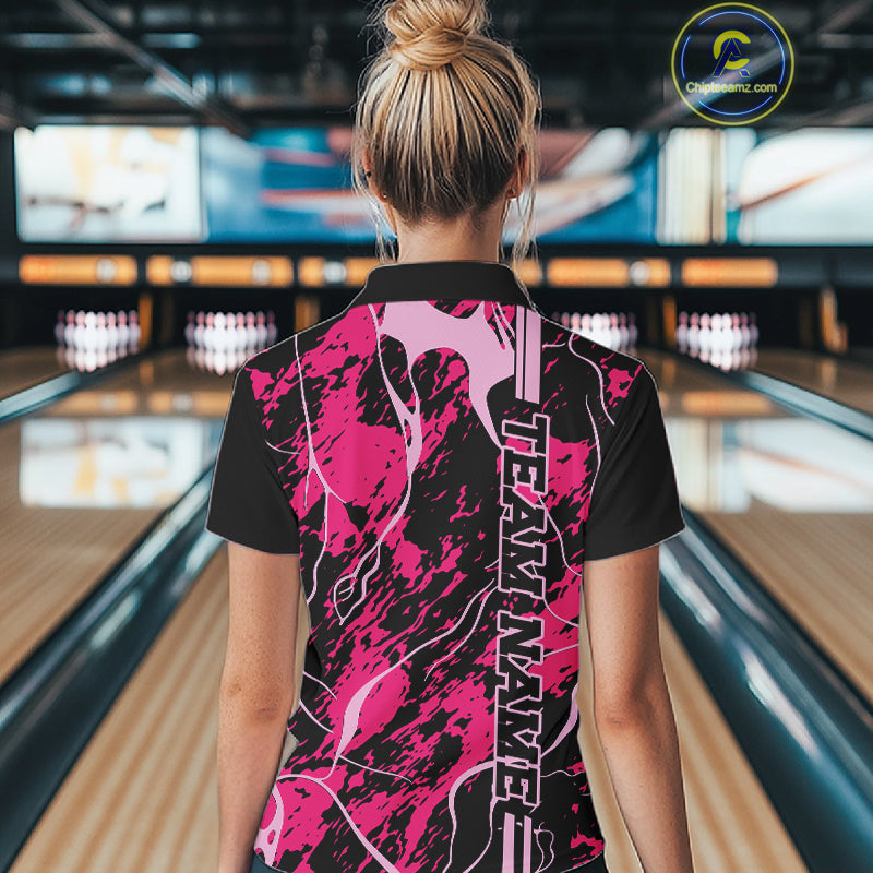 Custom Black And Pink Camo Strike Bowling Shirt Women Bowling Team Jersey Bowling League IPHW10611