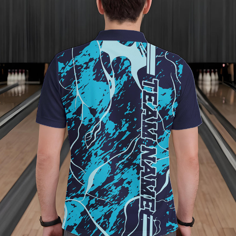 Custom Navy And Cyan Blue Camo Strike Bowling Shirt Men Bowling Team Jersey Bowling League IPHW10612