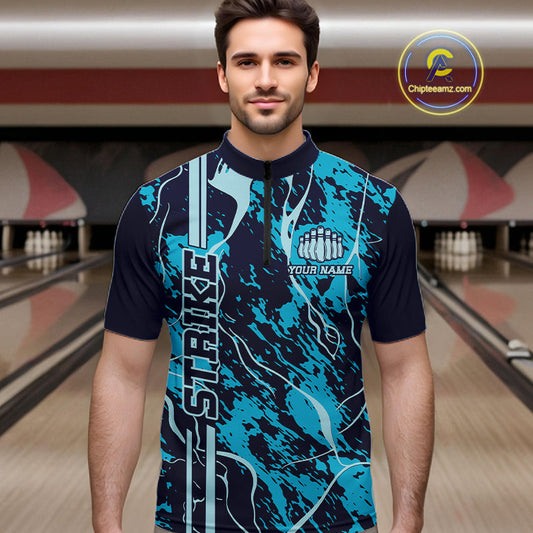 Custom Navy And Cyan Blue Camo Strike Bowling Shirt Men Bowling Team Jersey Bowling League IPHW10612