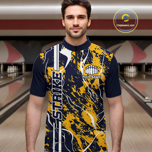 Custom Navy Blue And Yellow Camo Strike Bowling Shirt, Men Bowling League Team Jerseys IPHW10613