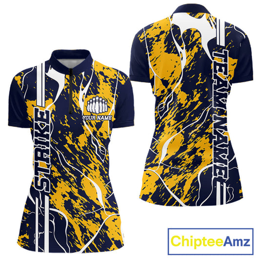 Custom Navy Blue And Yellow Camo Strike Bowling Shirt, Women Bowling League Team Jerseys IPHW10613
