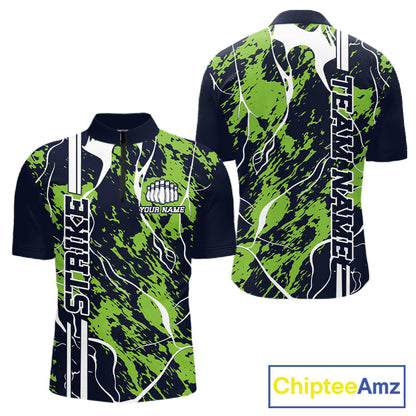 Custom Navy Blue And Green Camo Strike Bowling Shirt, Men Bowling League Team Jerseys IPHW10614