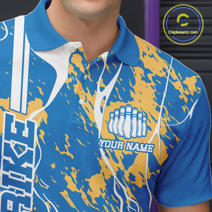 Custom Azure Blue And Yellow Camo Strike Bowling Shirt, Men Bowling League Team Jerseys IPHW10615