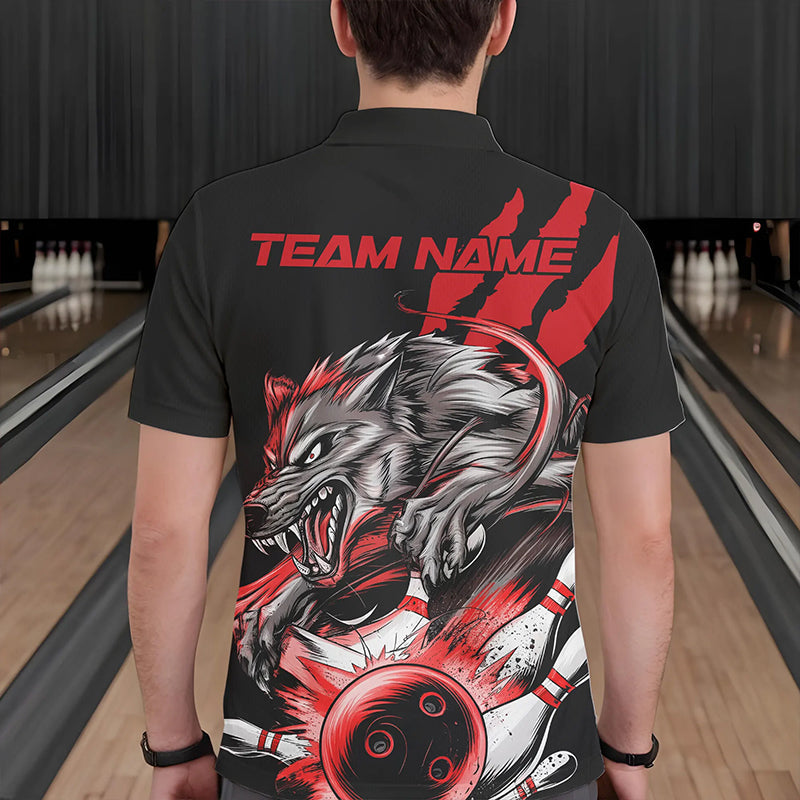 Custom Black And Red Wolf Bowling Men Polo Shirts, Wolf Scratch Bowling Team League Shirt IPHW8719