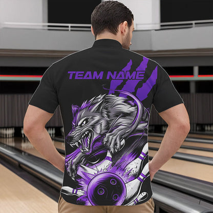 Custom Black And Purple Wolf Bowling Men Quarter-Zip Shirts, Wolf Scratch Bowling Team League Shirt IPHW8721