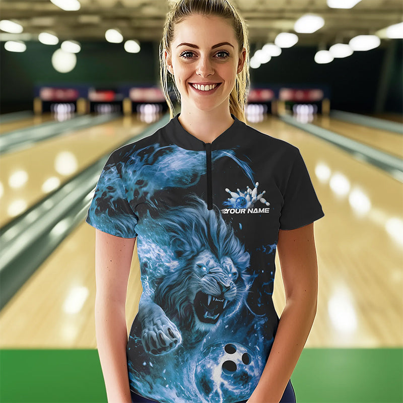 Custom Blue Flame Lion Bowling Team Women Quarter-Zip Shirts, Lion Bowling League Shirt IPHW8978