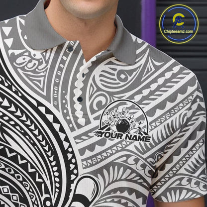 Custom Black And White Traditional Samoan Tribal Polynesian Pattern Bowling Men Shirt IPHW10323