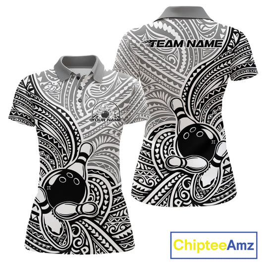 Custom Black And White Traditional Samoan Tribal Polynesian Pattern Bowling Women Shirt IPHW10323
