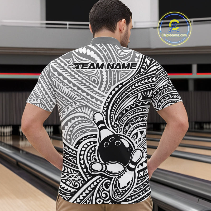 Custom Black And White Traditional Samoan Tribal Polynesian Pattern Bowling Men Shirt IPHW10323