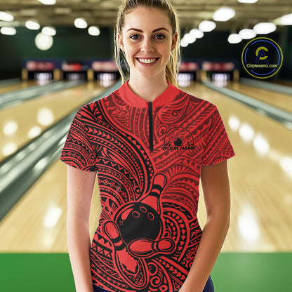 Custom Black And Red Traditional Samoan Tribal Polynesian Pattern Bowling Women Shirt IPHW10325