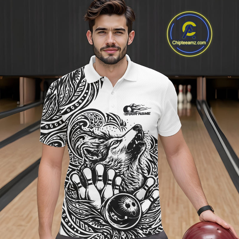 Custom Black And White Tribal Pattern Maori Style Wolf Bowling Team Men Polo Shirts IPHW10330