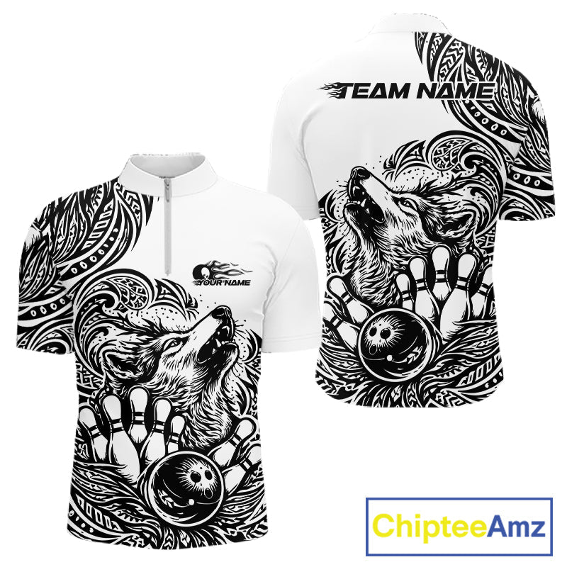Custom Black And White Tribal Pattern Maori Style Wolf Bowling Team Men Quarter-Zip Shirts IPHW10330